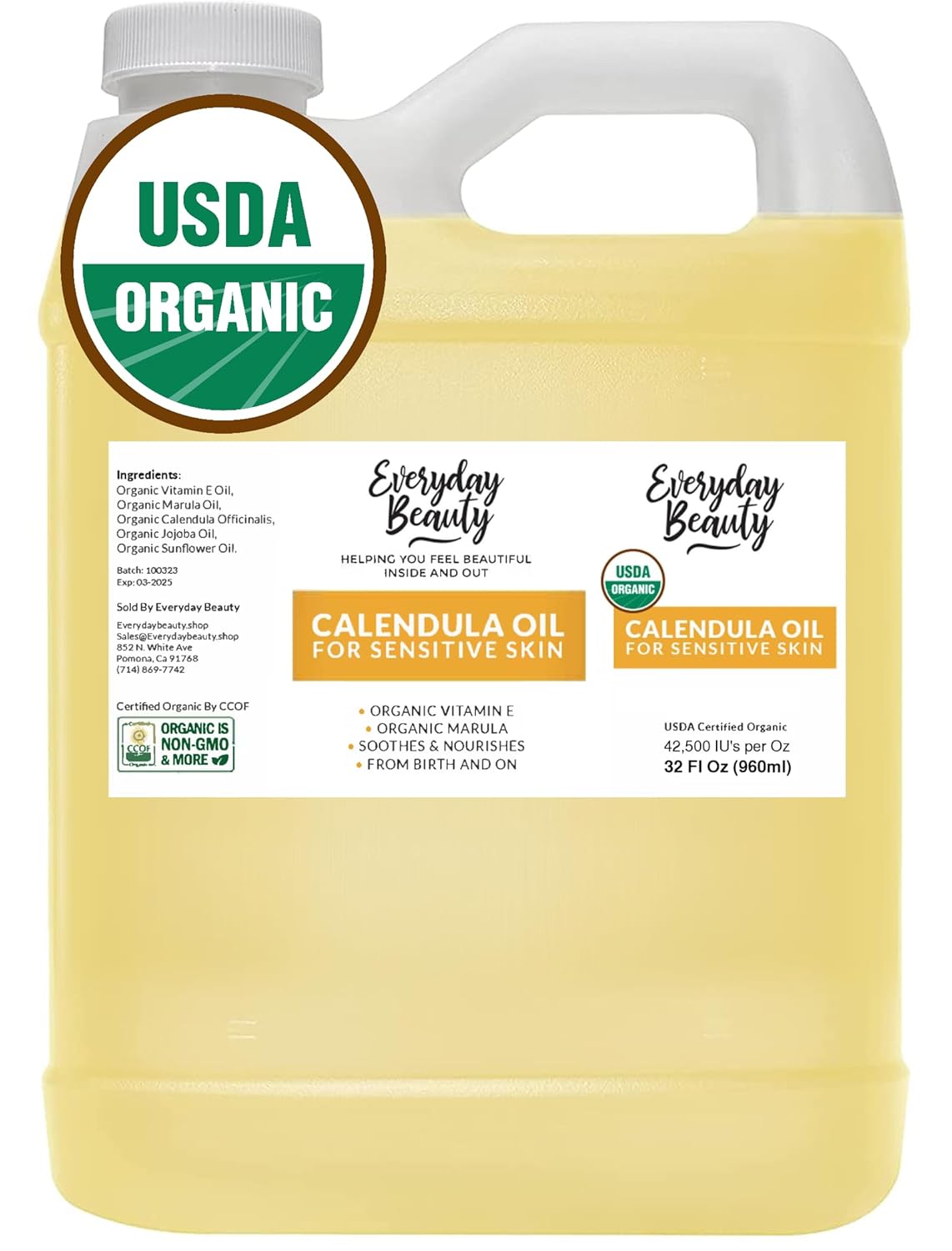 Organic Calendula Oil for Sensitive Skin - 32 Fl Oz Bulk Size