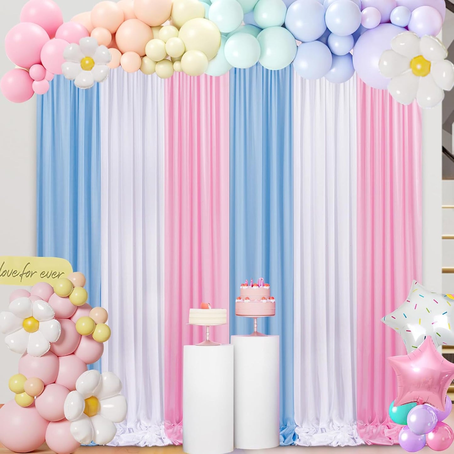 Blue Pink Backdrop Curtains for Baby Shower and Graduation Events