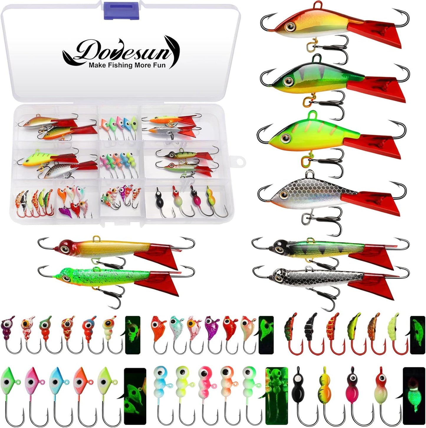 Glow-in-the-Dark Ice Fishing Jigs Kit by Dovesun