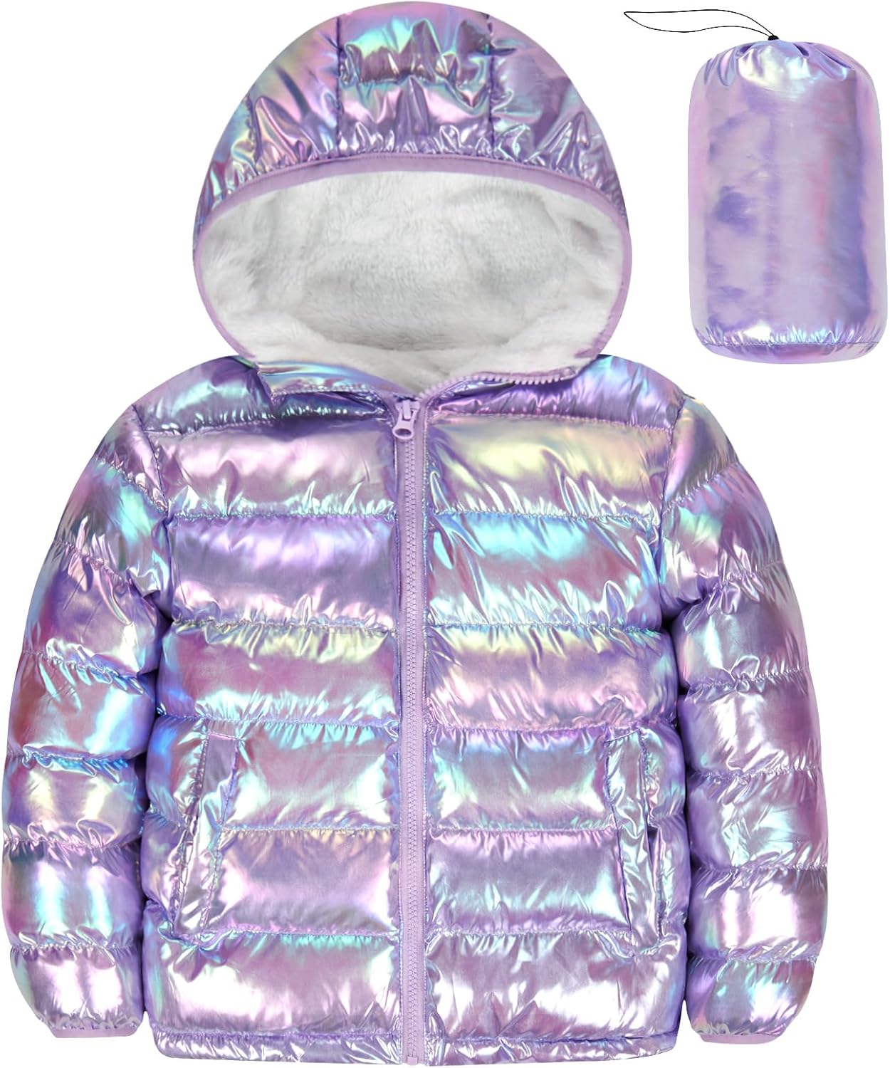 Stylish Girls Metallic Shine Hooded Puffer Jacket for Winter