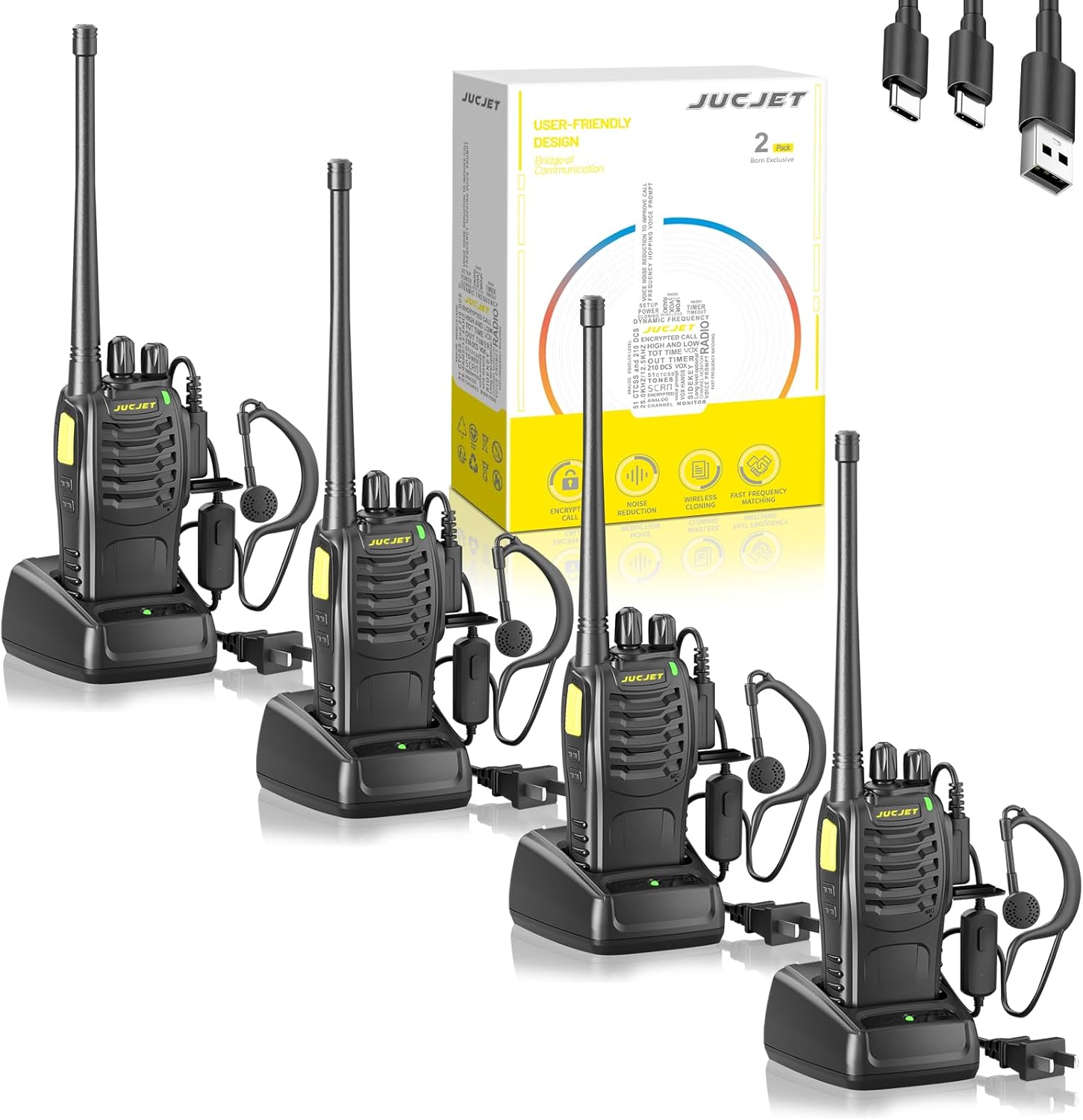 4-Pack Walkie Talkies with Headsets and USB Charging Dock