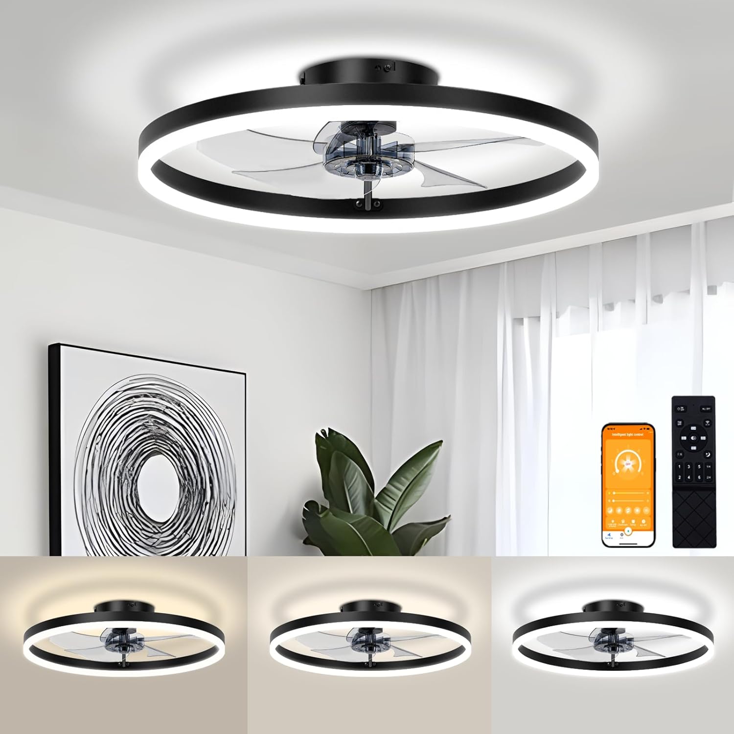 VOLISUN Low Profile Ceiling Fan with Light and Remote Control