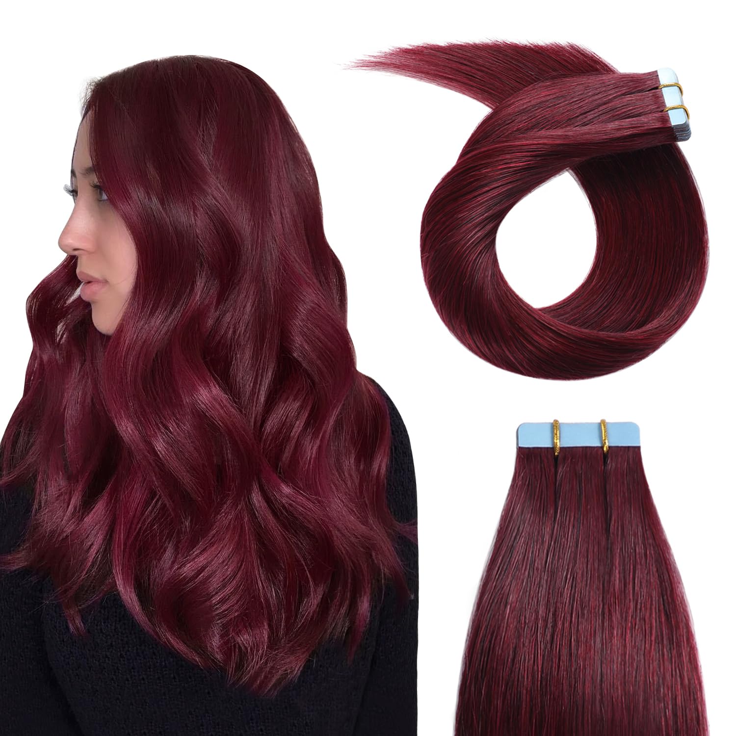 YILITE Tape In Hair Extensions 20inch 99J Burgundy Seamless