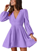 FAIABLE Mini Deep V Sexy Long Sleeve A-line Dress - Flowy Mini Dress