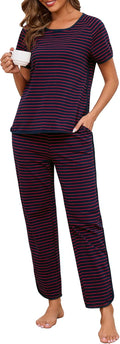 Womens Cotton Stripe 2-Piece Pajama Set - Short Sleeve Lounge Set