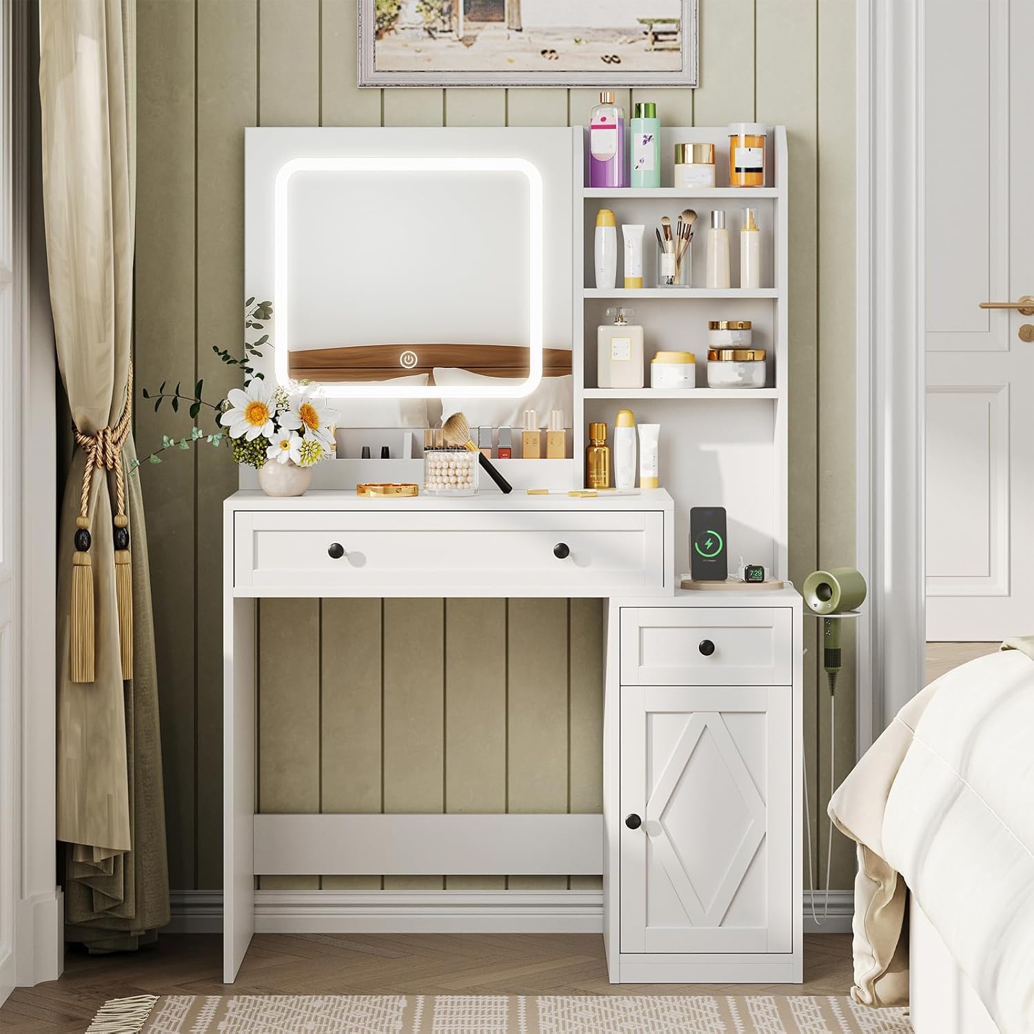 Farmhouse Vanity Desk with Mirror & Lights - 3 Color Modes, Power Outlet