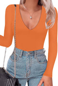 Plunge Deep V Neck Long Sleeve Bodysuit - Double Lined Thong