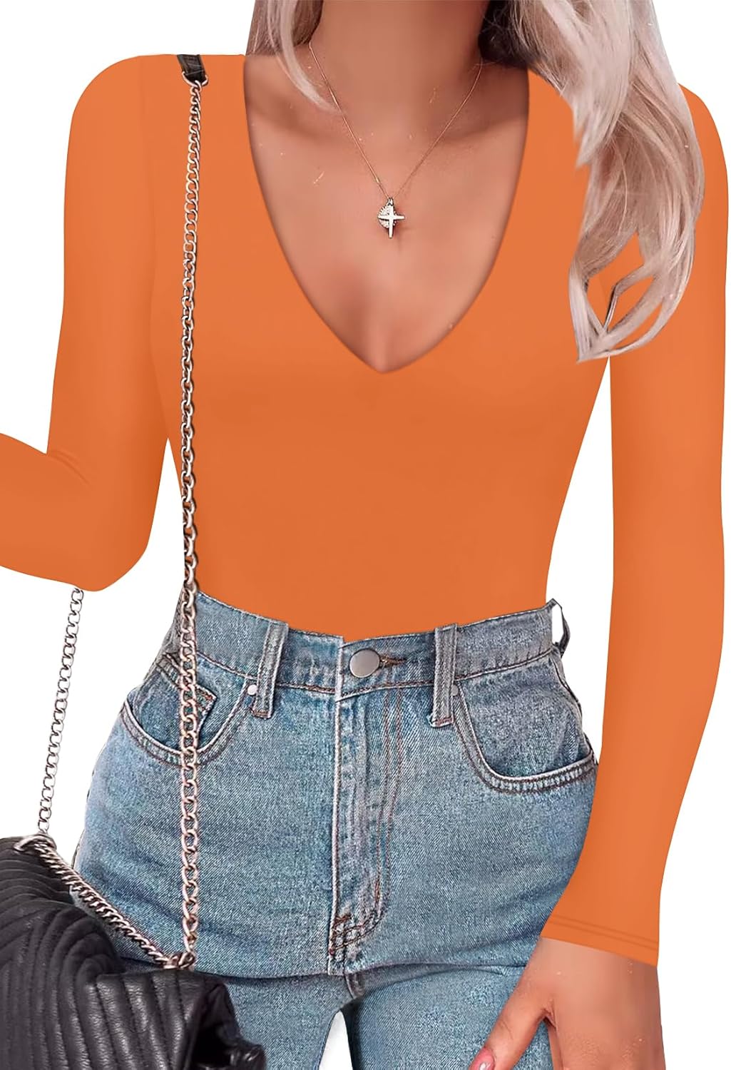 SAUNGKUAI Women's Plunge Deep V Neck Long Sleeve Bodysuit