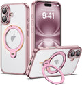 Pink Clear Plating iPhone 16 Case with 360 Spin Magnetic Ring Stand