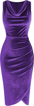 Velvet Cowl Neck Cocktail Midi Dress - Flattering Ruched Fit Dresses