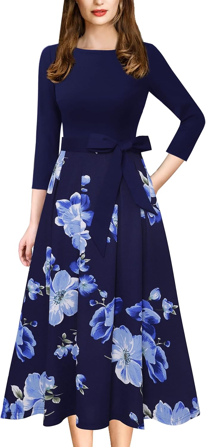 VFSHOW Womens Elegant Pockets Belted A-Line Midi Dress
