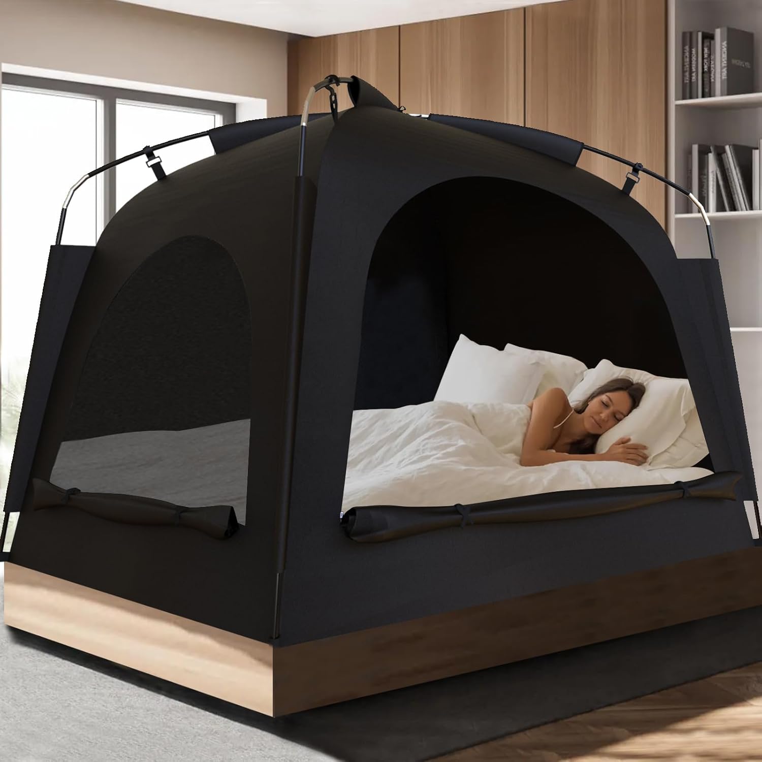 Portable Privacy Bed Tent - 80% Blackout - 2 Doors - Phone & Pad Holders