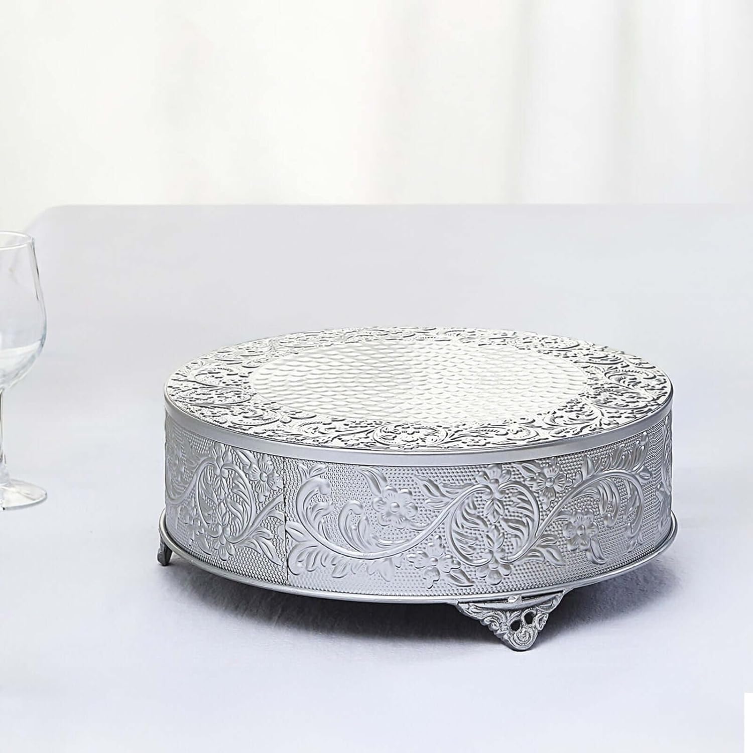 Elegant 14 Inch Silver Round Embossed Metal Cake Stand Riser