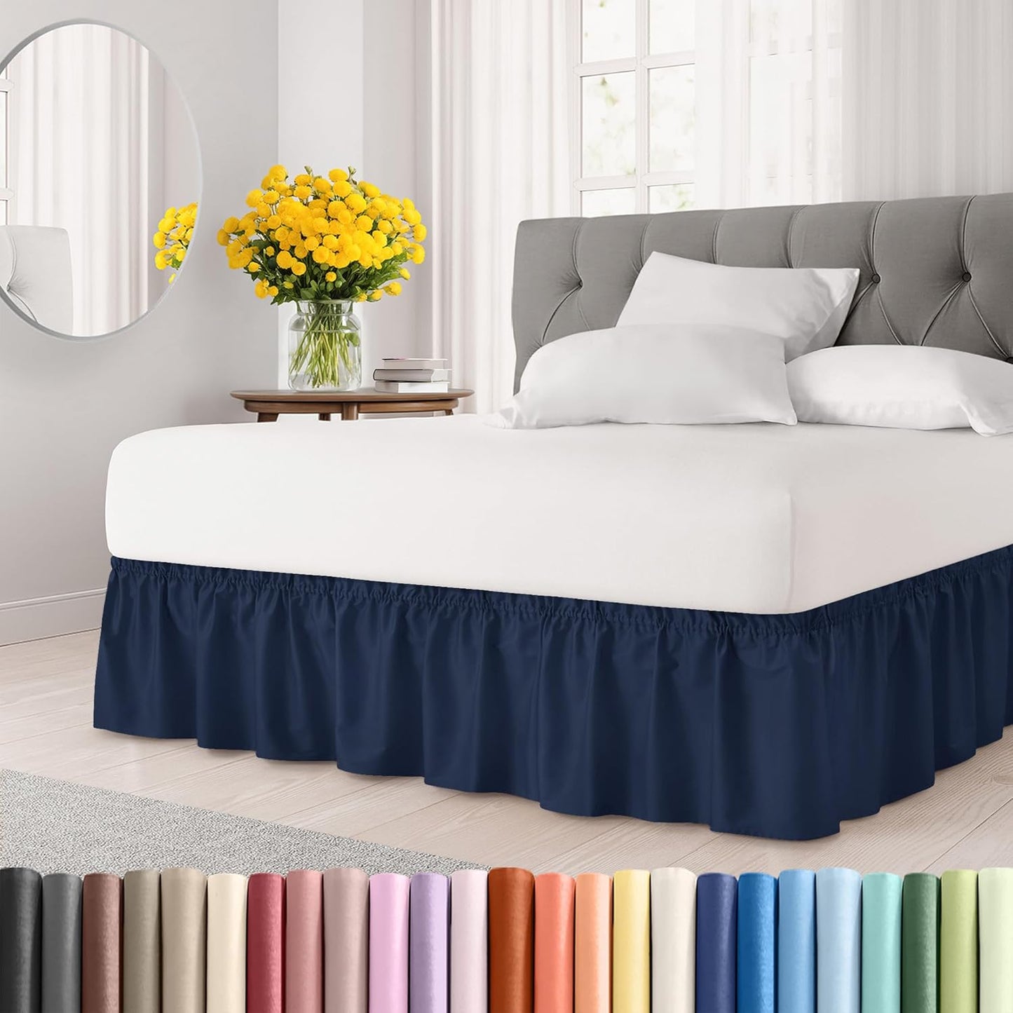 Wrap Around Dust Ruffle Bed Skirt for King Size Beds - Navy Blue
