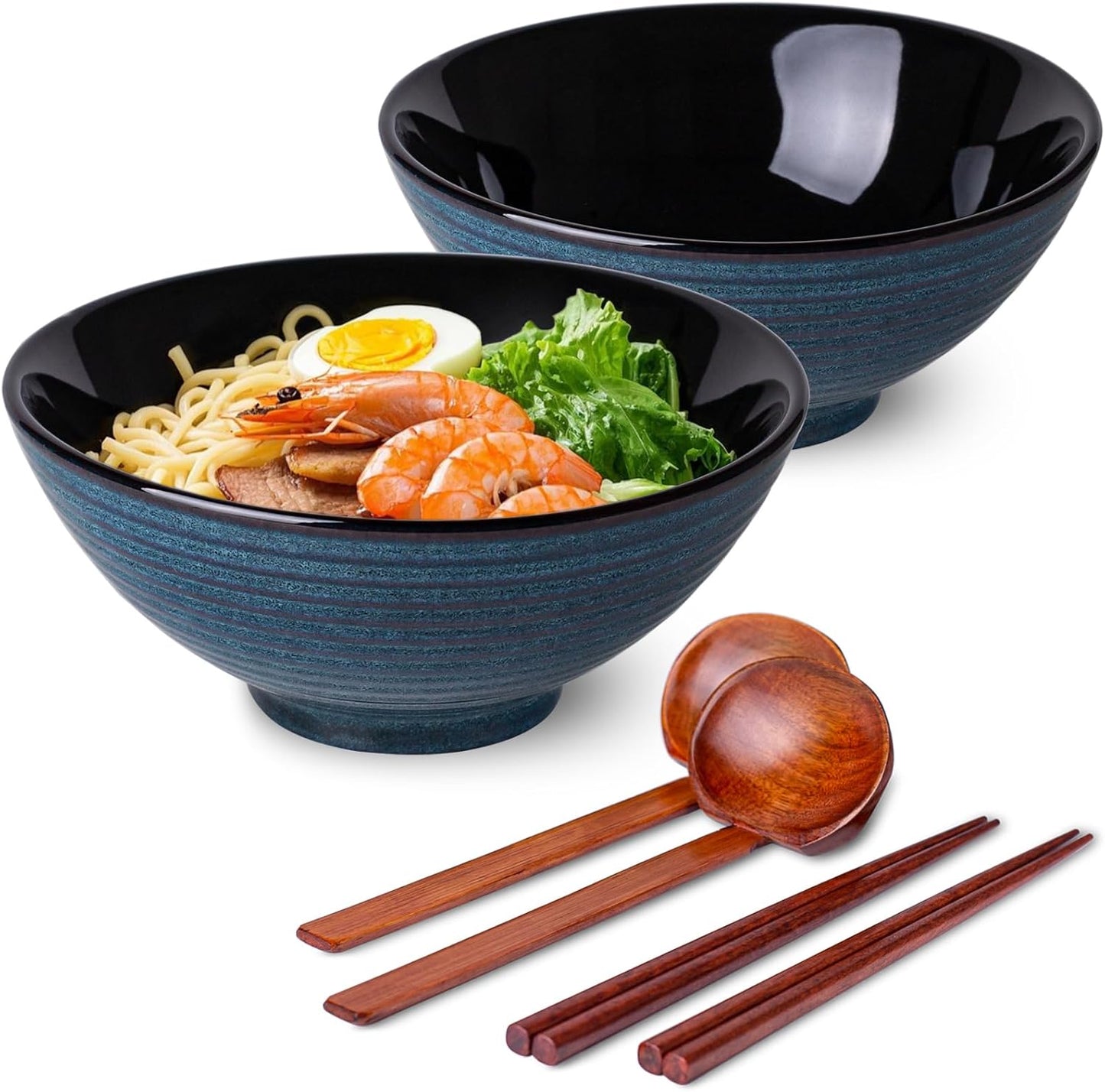Large Ceramic Ramen Bowl Set, 40oz, Blue - Perfect for Soup & Noodles