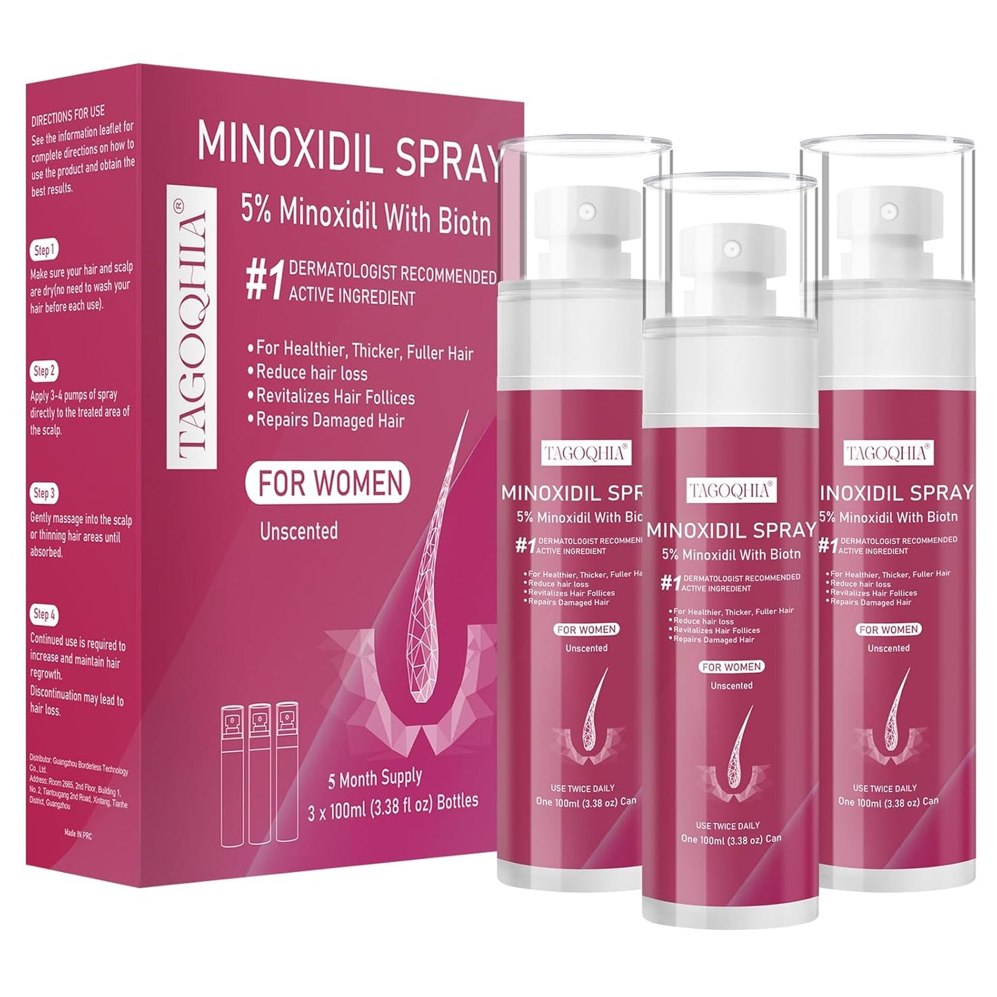 5% Minoxidil Hair Regrowth Spray for Women - Extra Strength Treatment