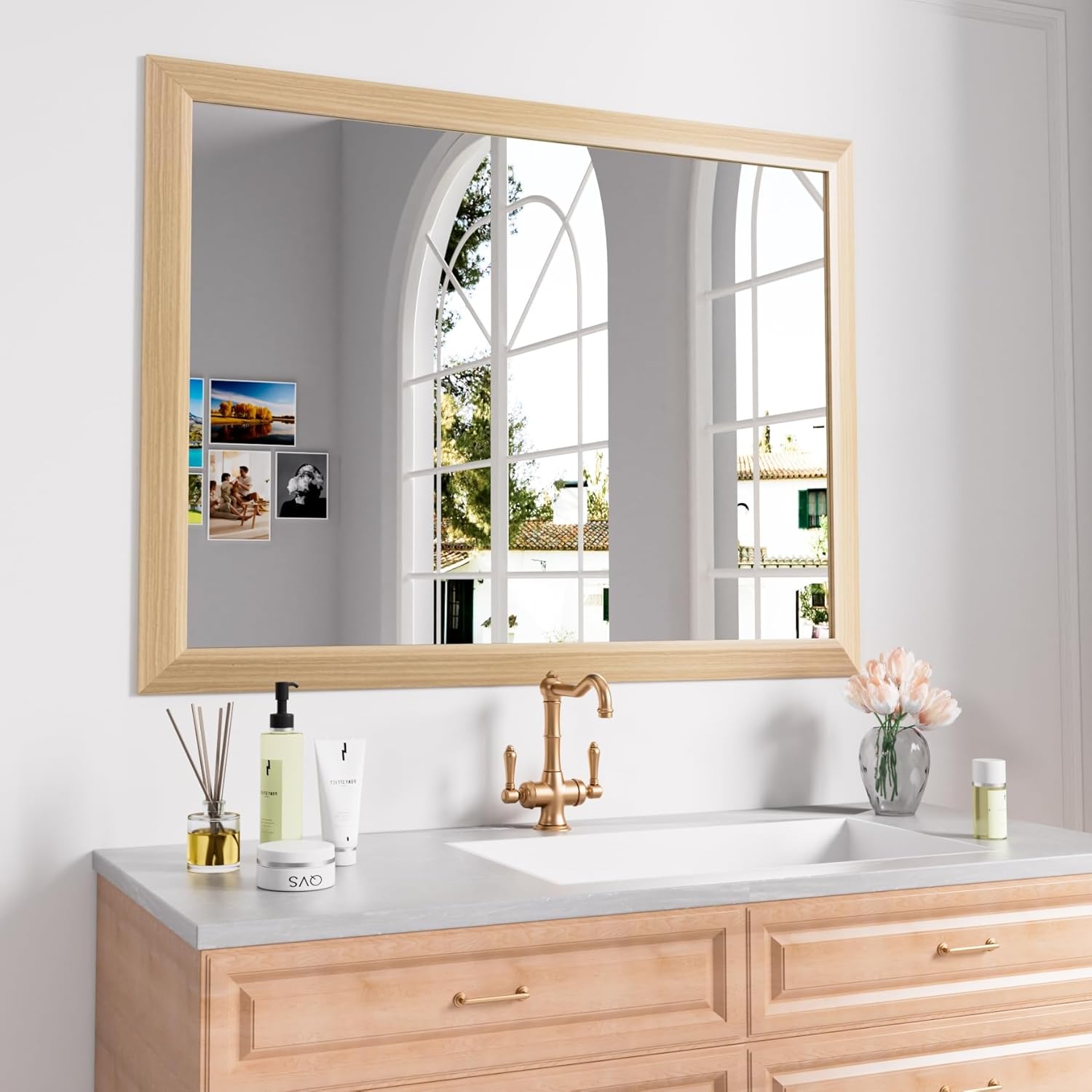 40X30 Inch Bathroom Mirror with Oak Wood Grain Frame Design