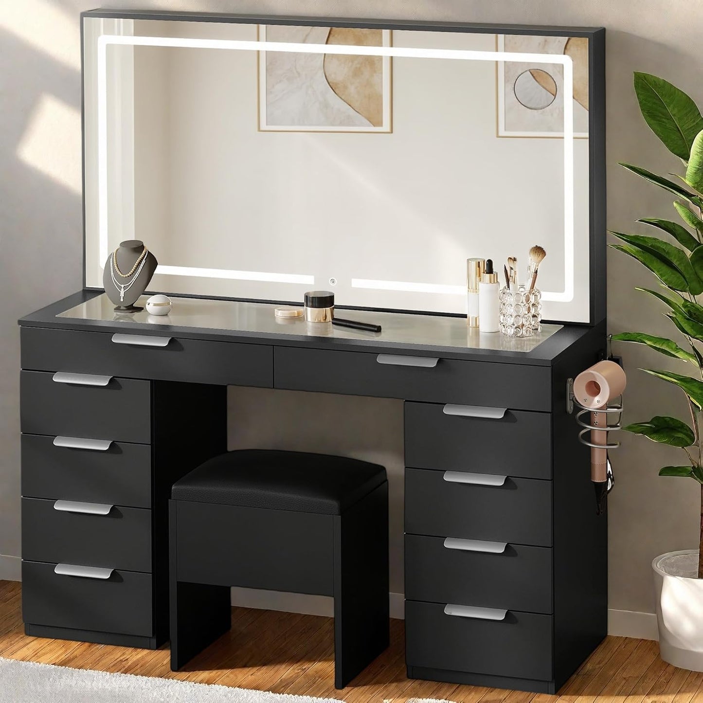 DWVO LED Vanity Set: Glass Top, 10 Drawers, 3 Color Modes