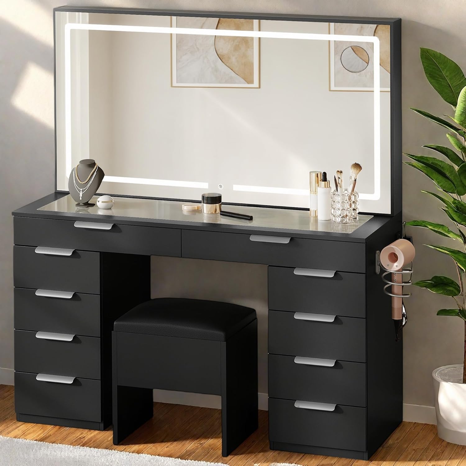 DWVO LED Vanity Set: Glass Top, 10 Drawers, 3 Color Modes