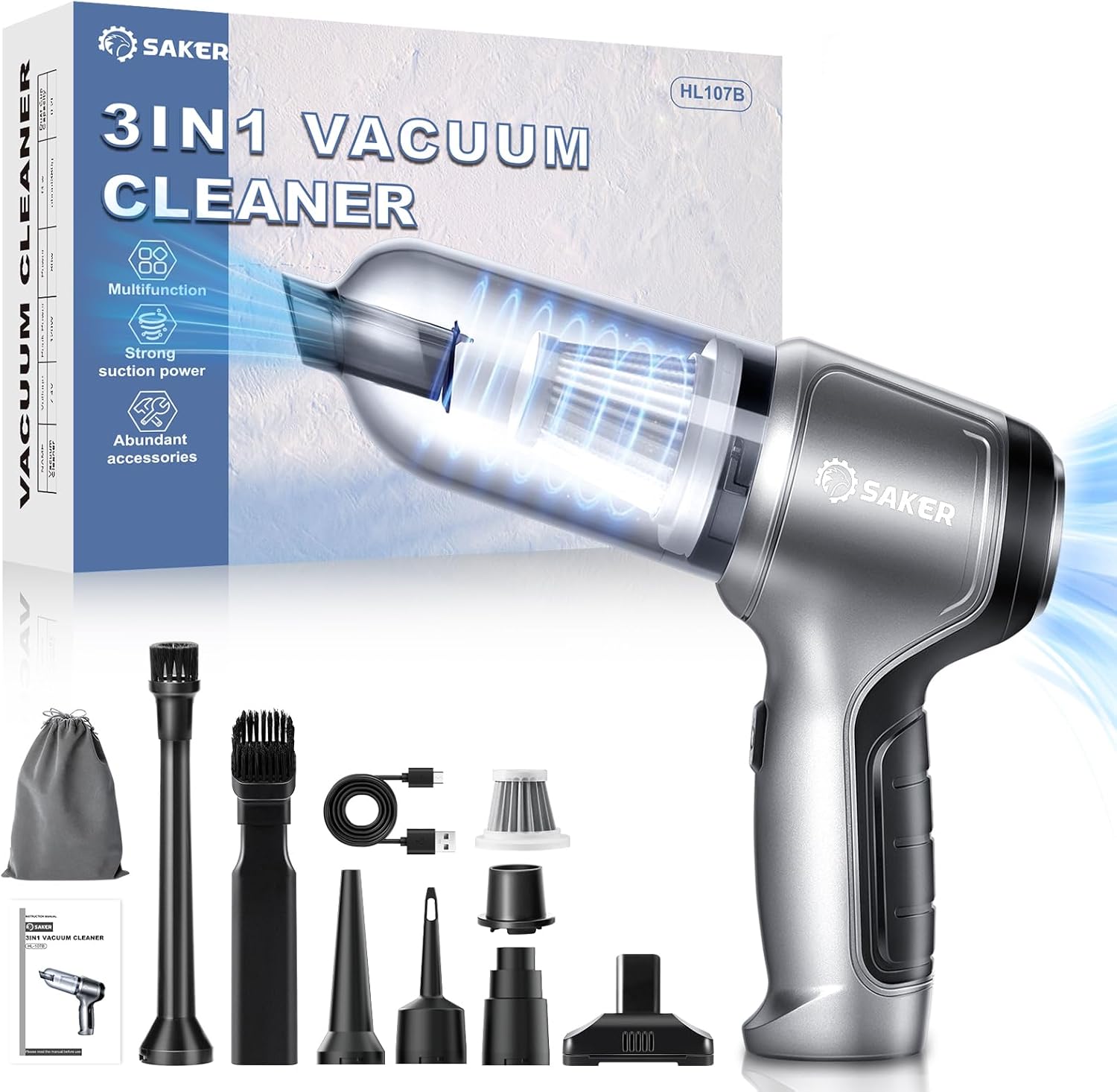 Saker 3-in-1 Cordless Car Vacuum - 15000PA Power