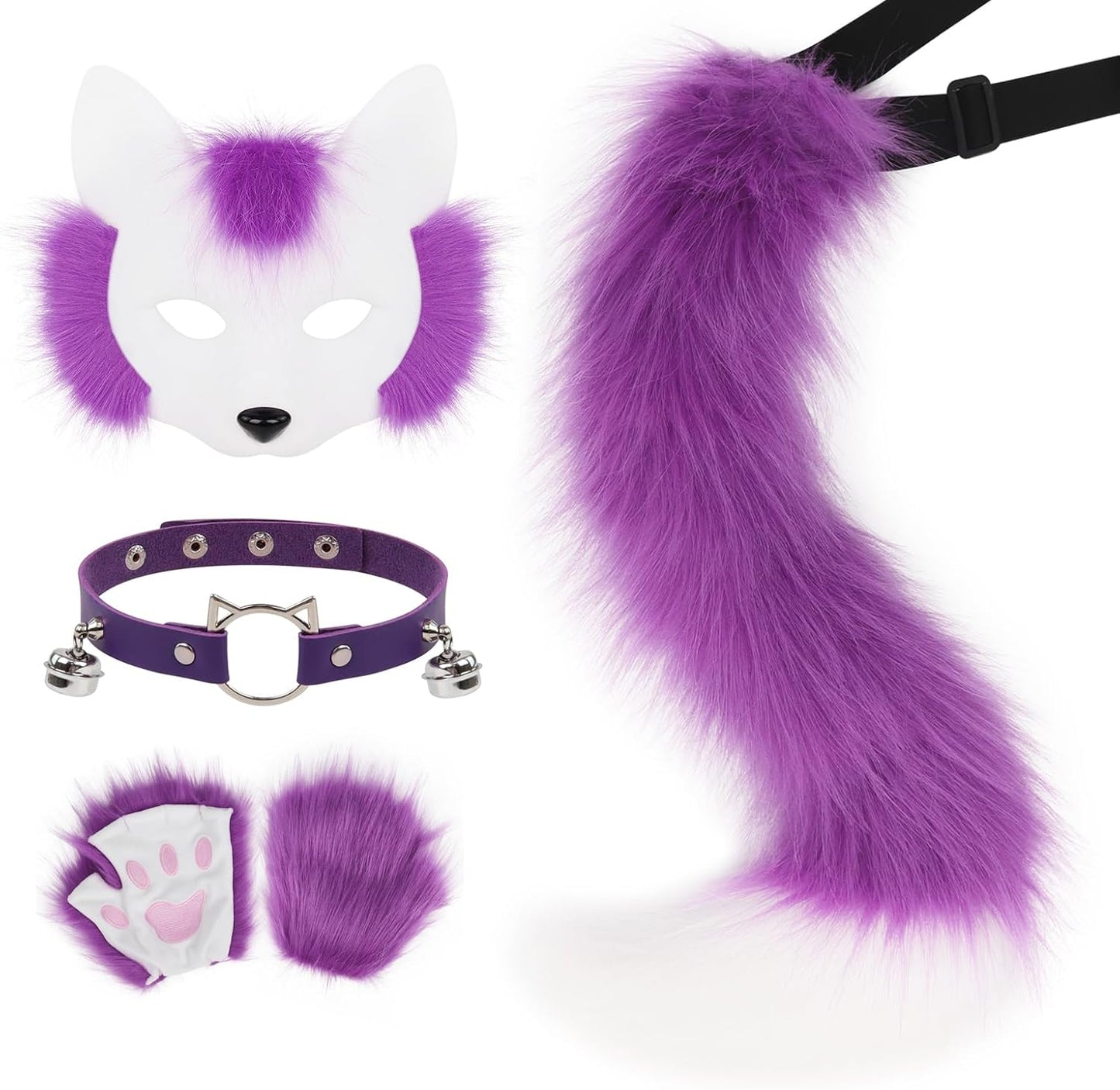 Faux Fur Half Face Mask and Paw Gloves Set for Cosplay Events