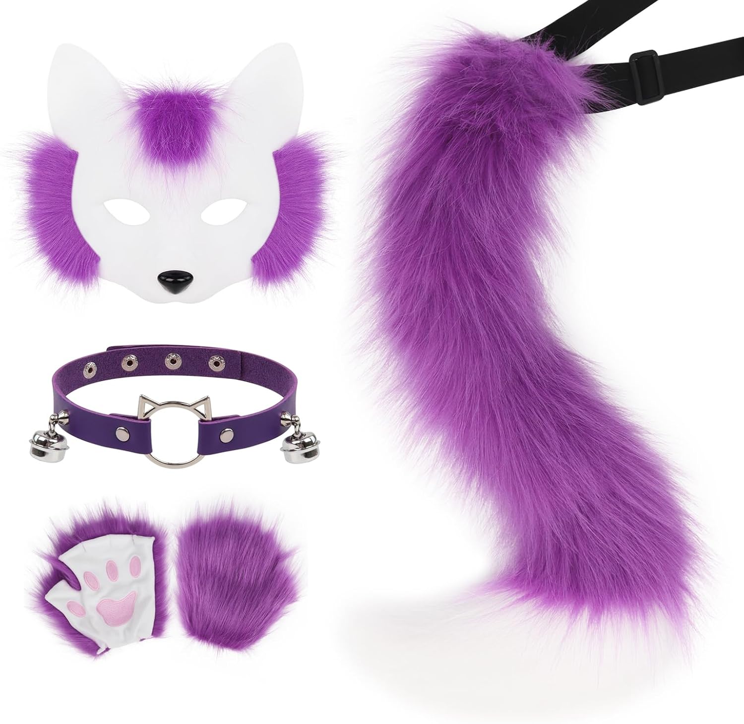 Faux Fur Half Face Mask and Paw Gloves Set for Cosplay Events