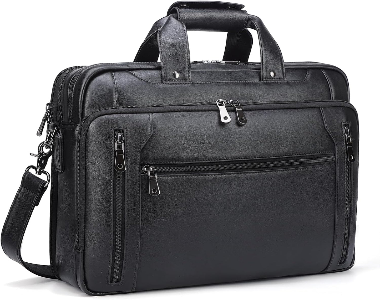 Masa Kawa Black Leather Briefcase for Men - Waterproof 16 Inch