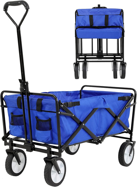 Collapsible Heavy Duty Beach Wagon with Swivel Wheels - Blue