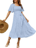 Boho Flowy Square Neck Floral Midi Dress - Flattering Smocked Fit L=18