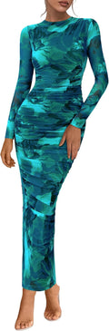 Women's Long Sleeve Maxi Dress Floral Mesh - Ruched Bodycon Fit