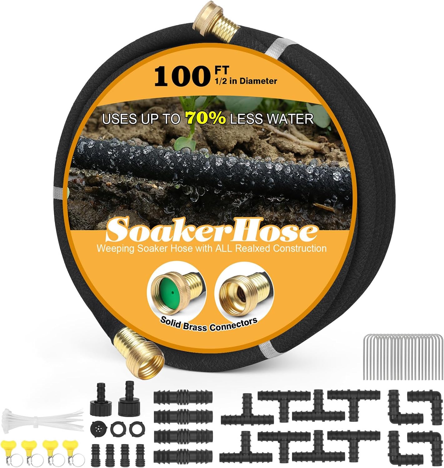 Soaker Hose 100ft for Garden Beds with Solid Brass Interface