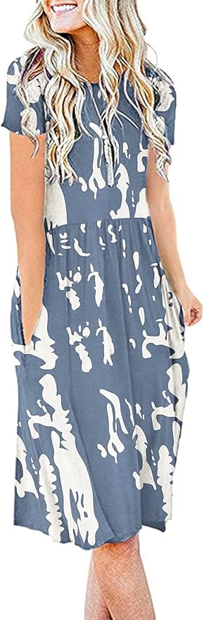 AUSELILY Women's Short Sleeve Pockets Floral Pleated Dress