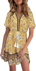 LEANI Womens V Neck Bohemian Floral Mini Dress - Rayon Summer Beach