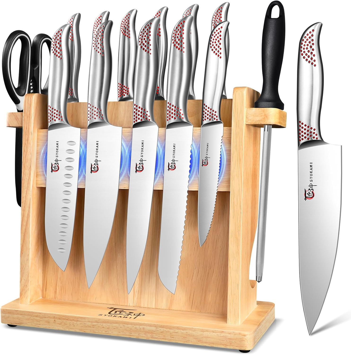 Japanese Knives Set for Kitchen with Magnetic Block and Sharpener