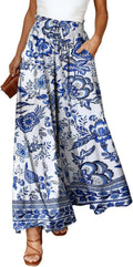 Blue and White Porcelain Wide Leg Pants for Women - Comfortable Resort