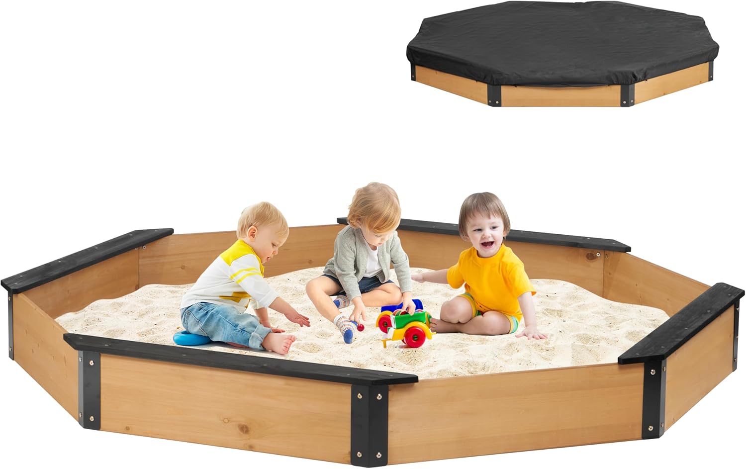 Wooden Octagon Sandbox with Cover for Kids Outdoor Play