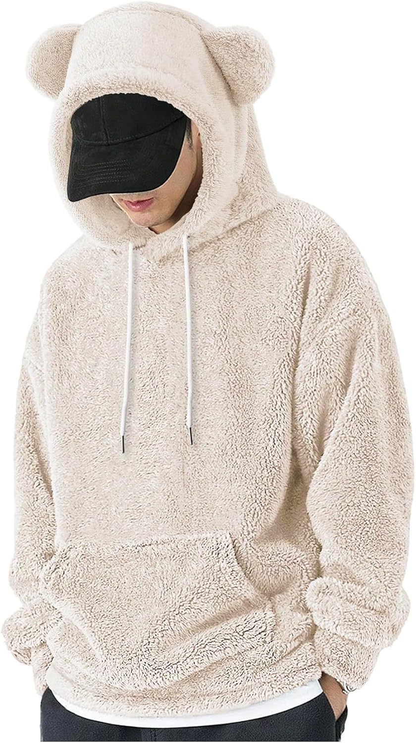Men's Fuzzy Bear Ear Hoodie Long Sleeve Pullover for Fall