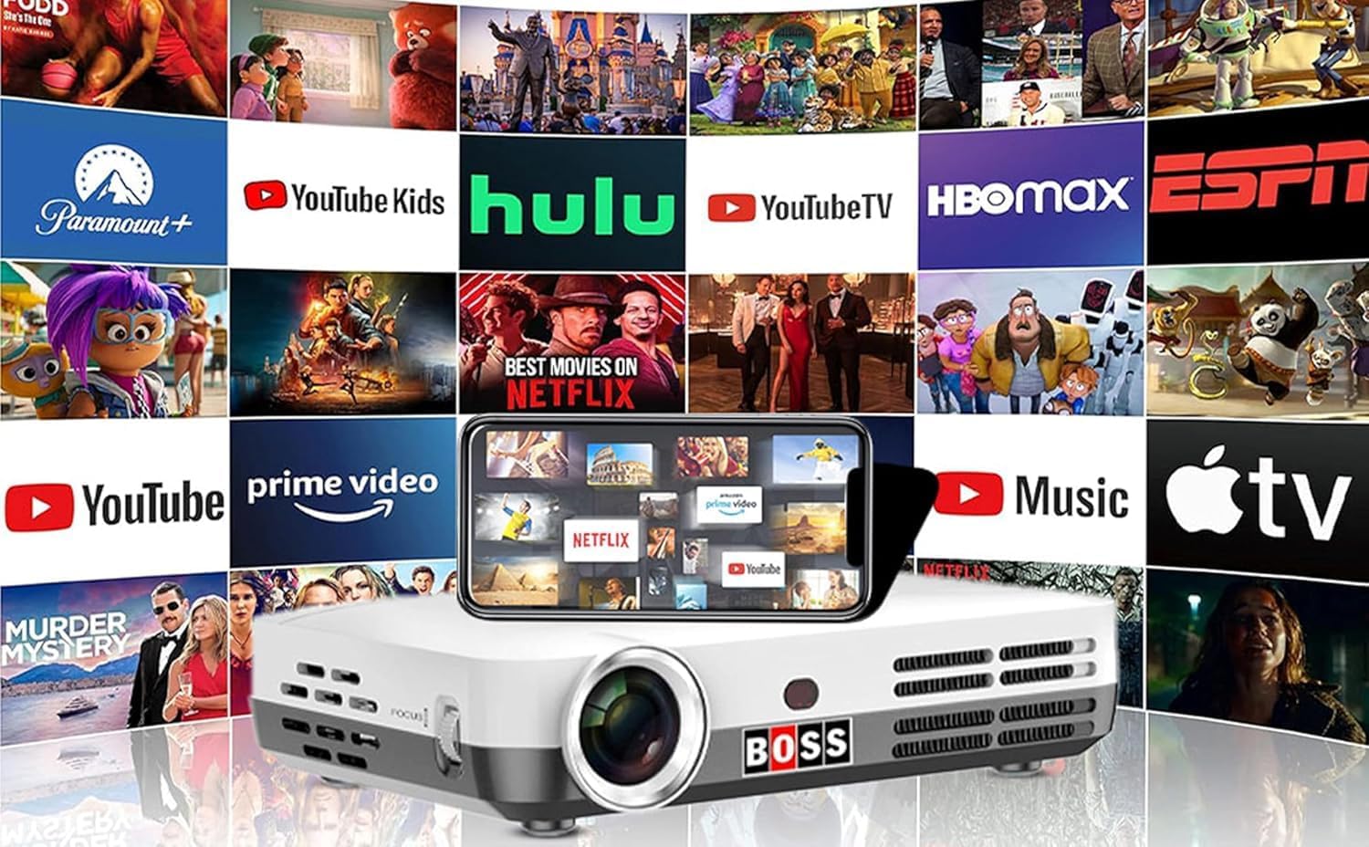 Boss Projector: Portable 4K Mini with Wifi, Bluetooth & Screen