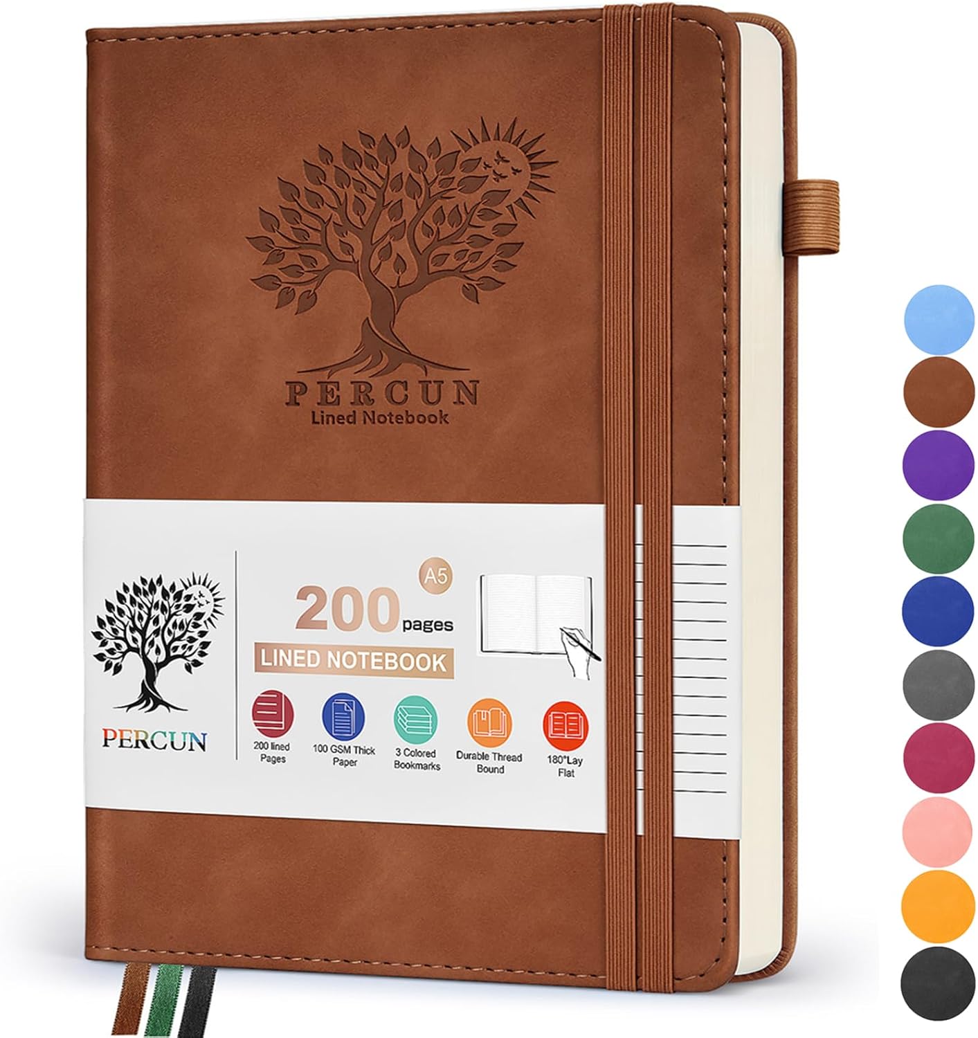 PERCUN Stylish A5 Leather Journal - 200 Pages for Writing, Travel, Work -Brown