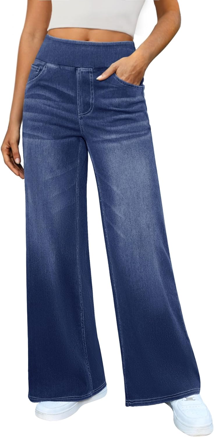 Women's Wide Leg Jeans High Waisted Stretchy Denim Pants