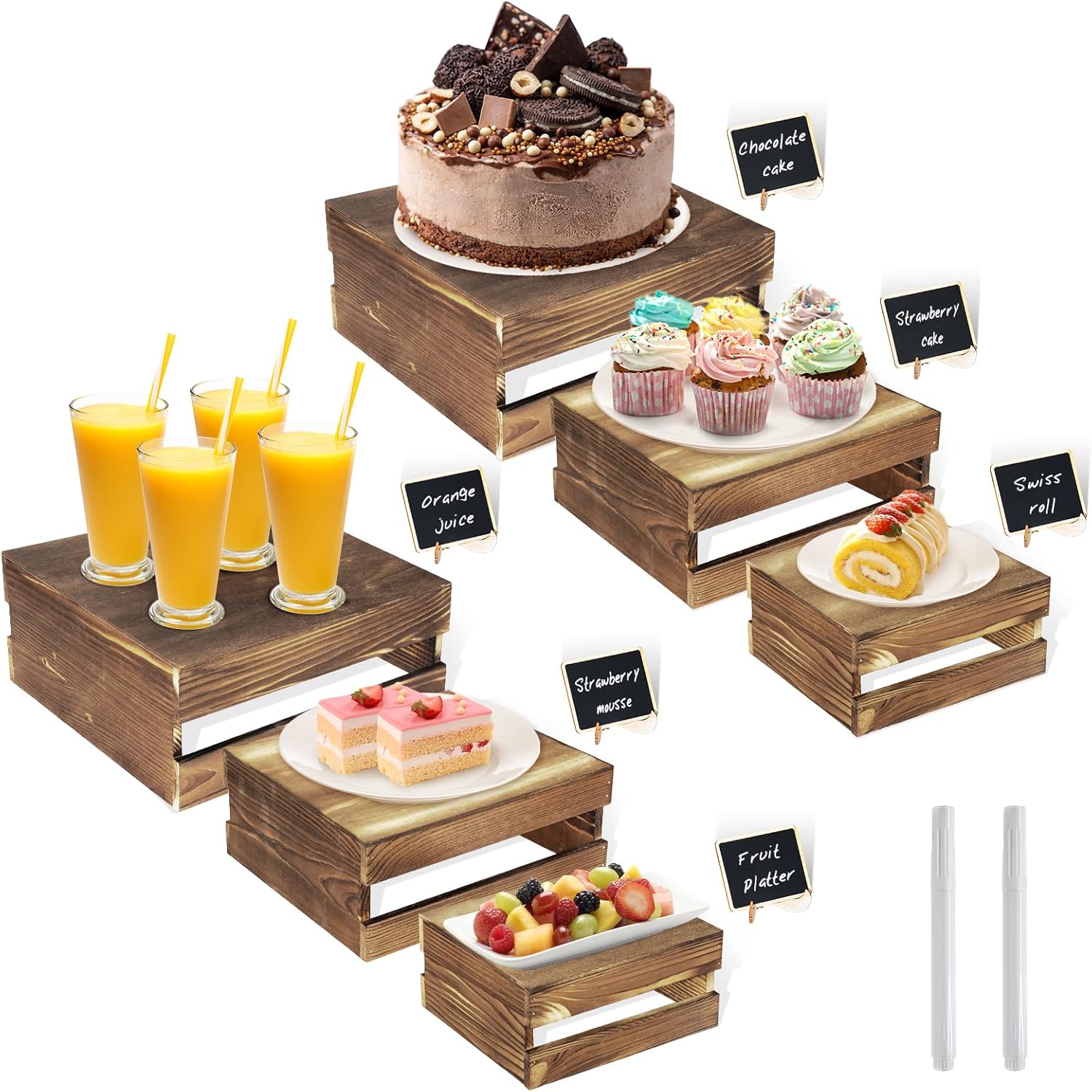 6 Pcs Rustic Wood Cake Stands for Buffet Table Display