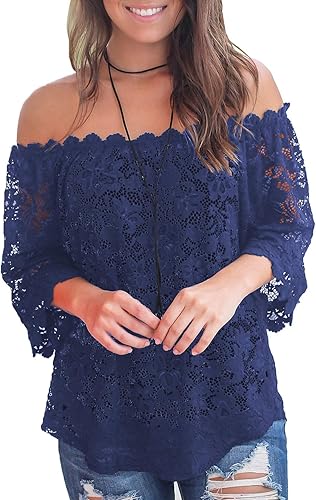 MIHOLL Women's Lace Off Shoulder Tops for Casual Elegance