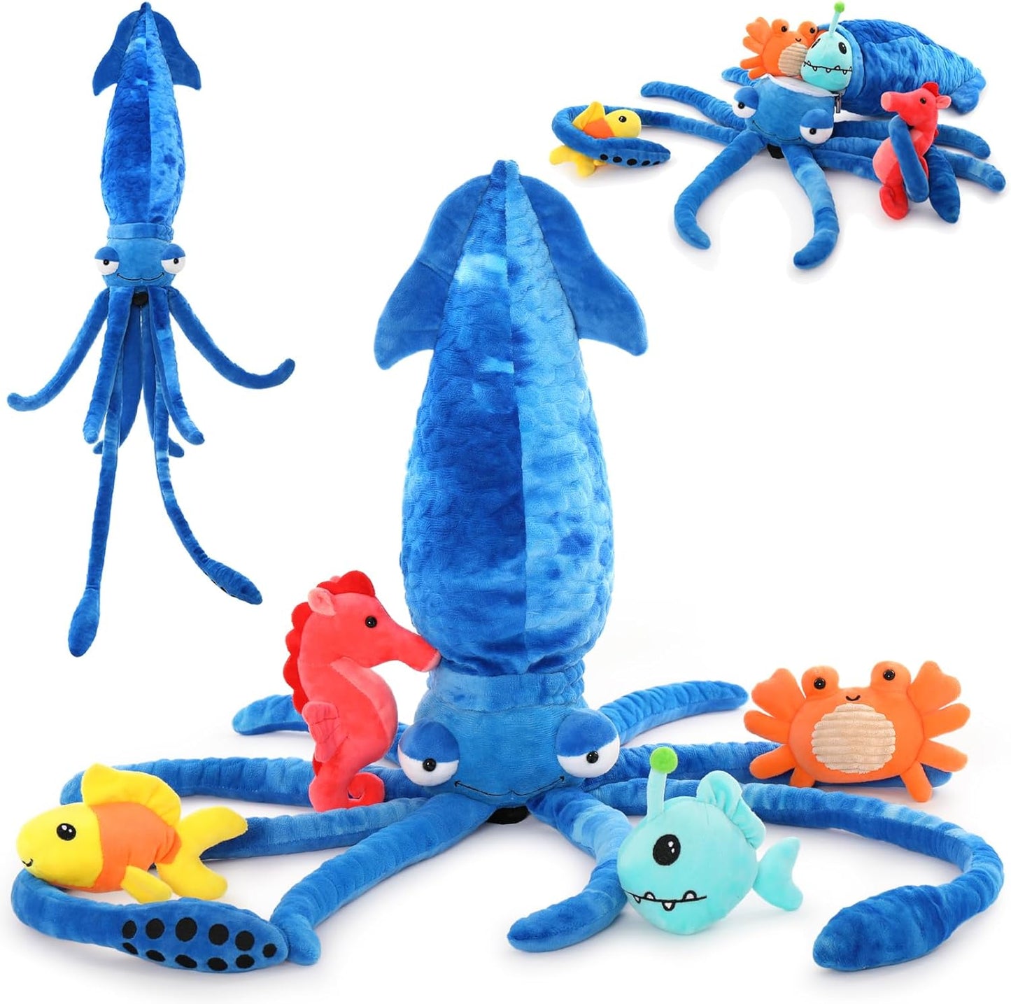 Jumbo Squid Plush 41.3 w/ Marine Animal Dolls Set, Perfect Kids Gift!