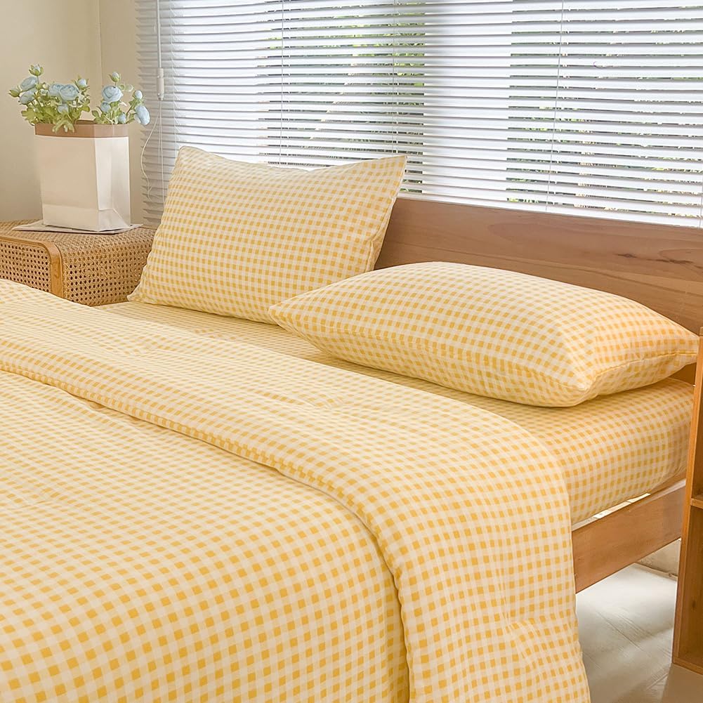 Elegant Yellow Gingham Queen Comforter Set for Cozy Bedrooms