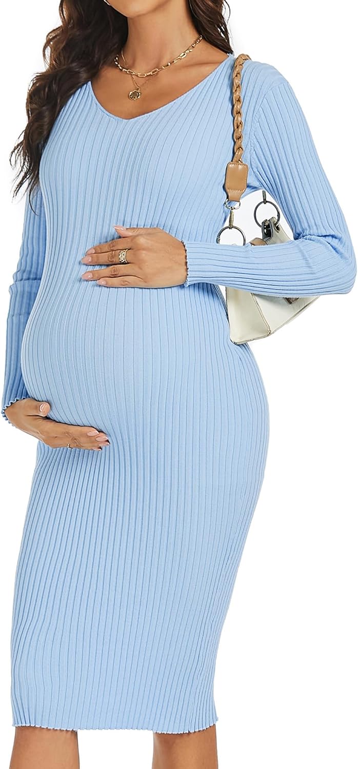 Maternity Dress Long Sleeve V Neck Knit Stretchable Sweater
