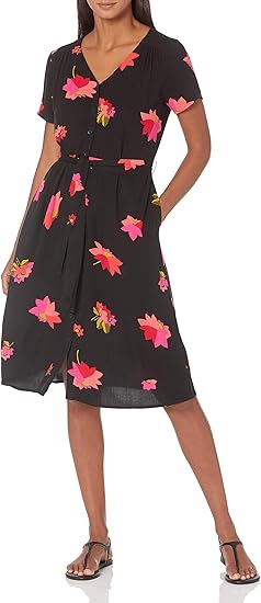 Stylish Women's Short-Sleeve Midi Button Front Tie Dress