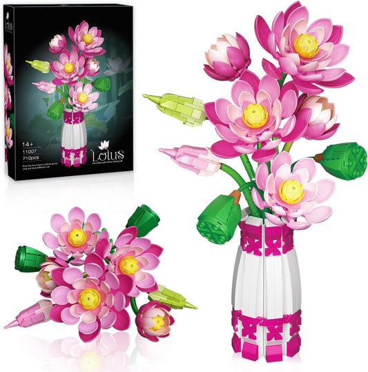 Lotus Flowers Botanical Building Set with Vase for Home Decor