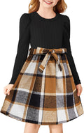 Puff Sleeve Rib Knit Plaid Patchwork Dress for Girls' Holiday