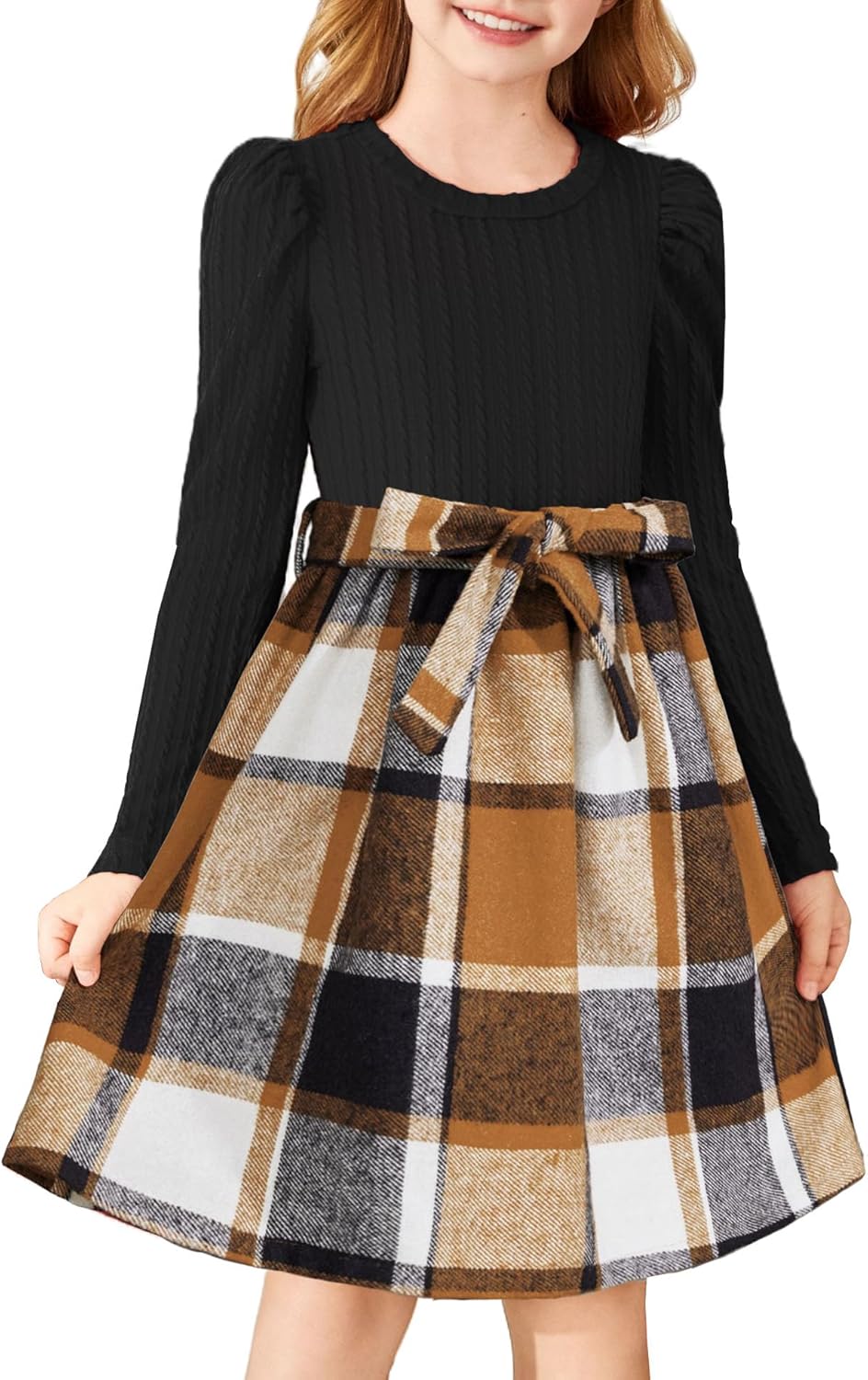 Puff Sleeve Rib Knit Plaid Patchwork Dress for Girls' Holiday