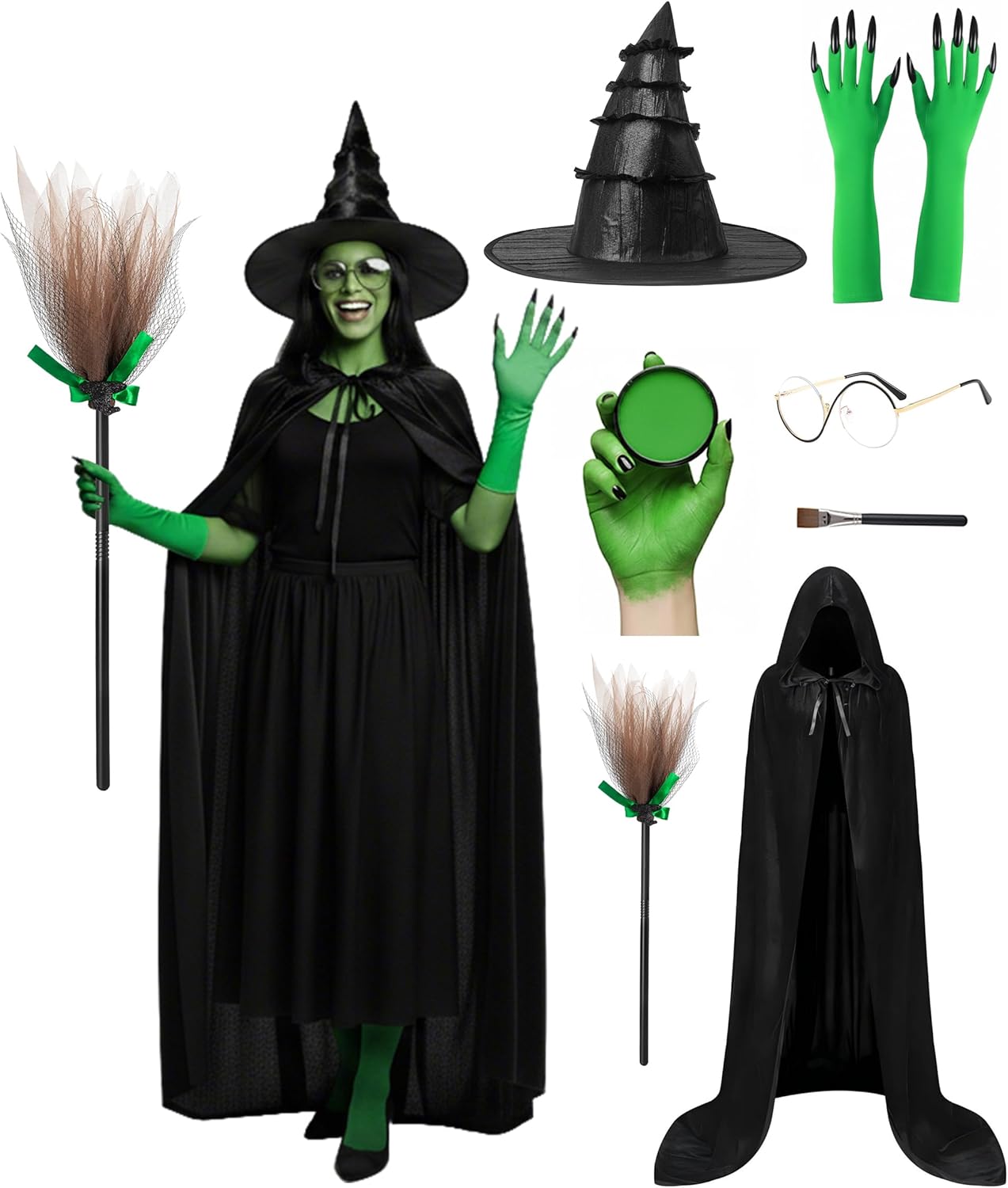 Witch Costume Women Set with Hat, Cape, Gloves, and Broom